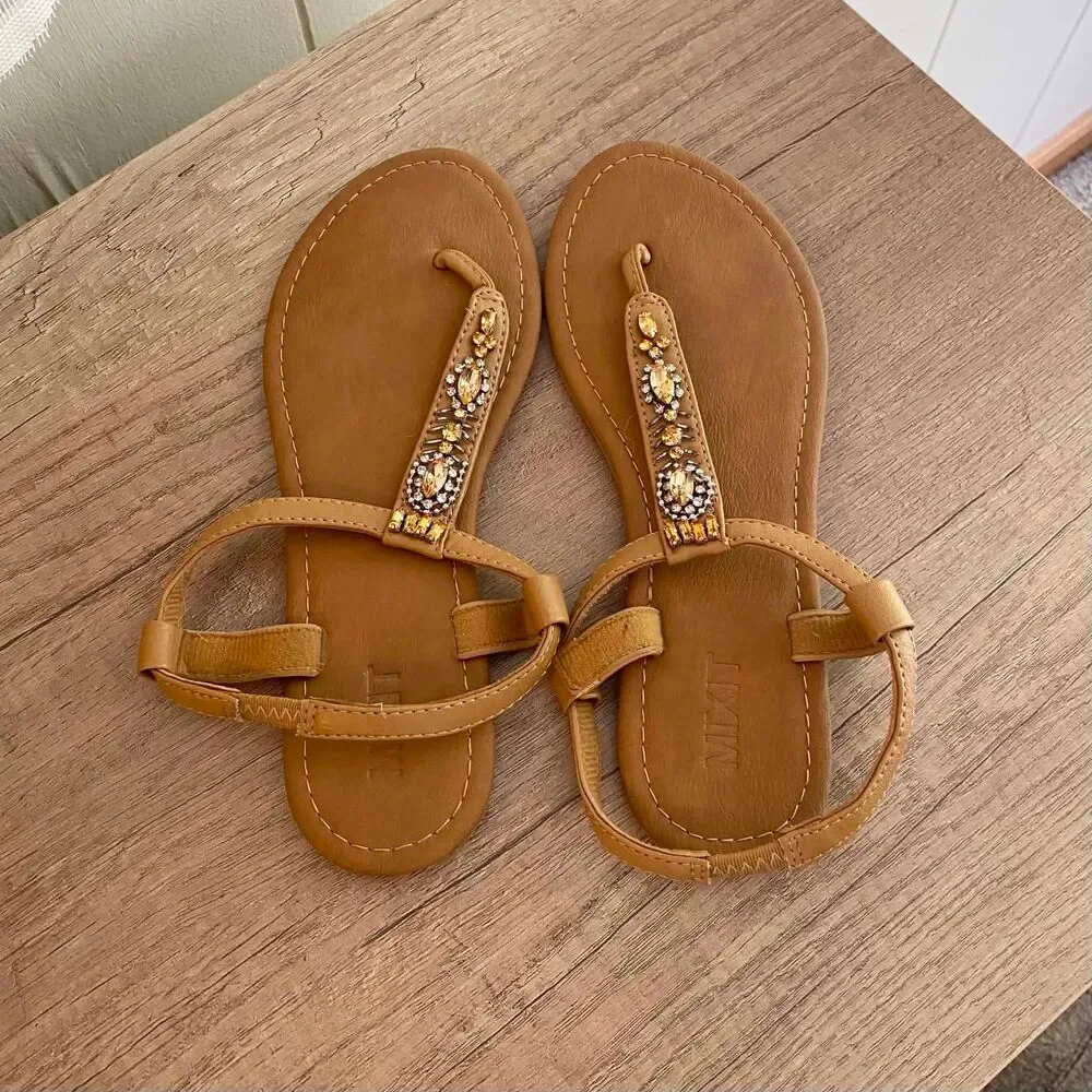Mixit Women's Tan Embellished T-Strap Thong Sandals Size 6 Casual Comfort